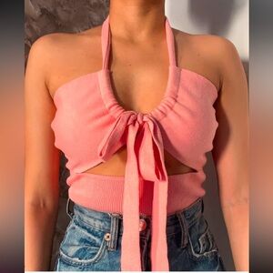 SAINTS + SECRETS HALTER TOP Pink bow bodysuit holiday pool Resort size Med NWT!